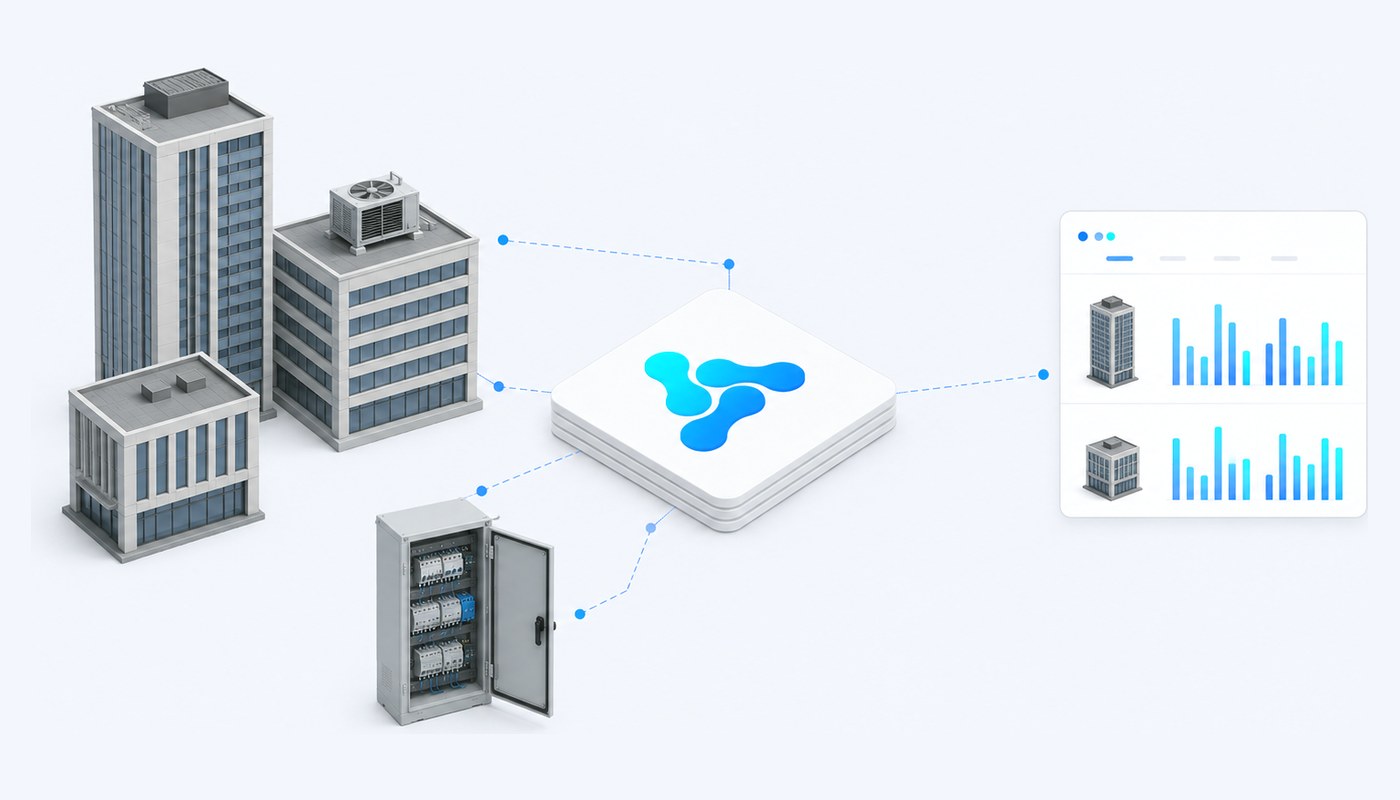 Three buildings with a rooftop HVAC unit and an electrical panel connected to the Vision Smart Platform core, with a chart comparing consumption between buildings