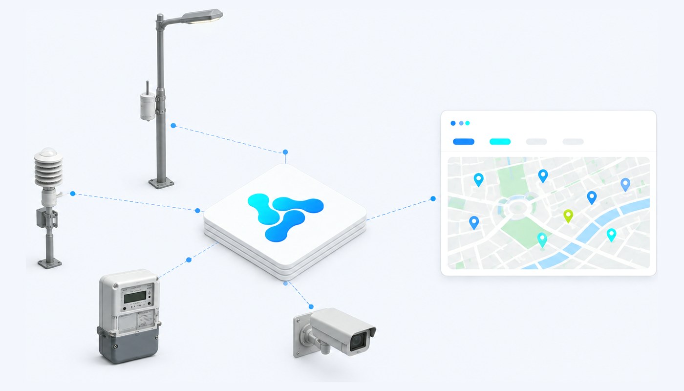 Street lighting, an environmental sensor, a meter and a camera connected to the Vision Smart Platform core, with a city map showing device pins