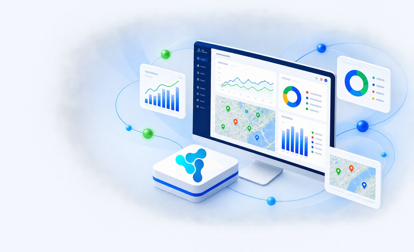 Vision Smart Platform dashboard with live charts, KPI tiles, map and alert widgets