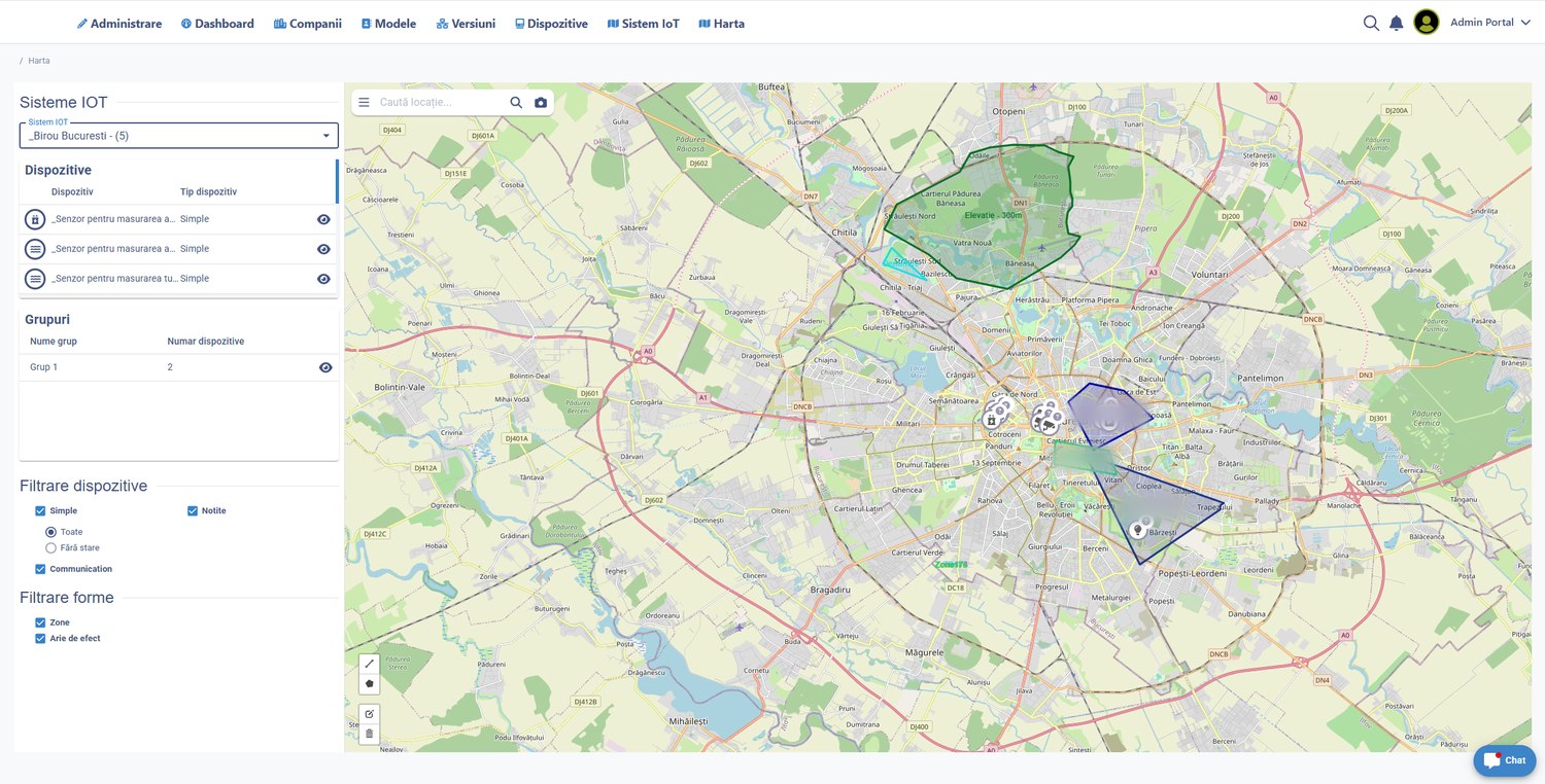 Map view in Vision Smart Platform with the IoT system panel, device list, groups, filters and drawn zones over Bucharest