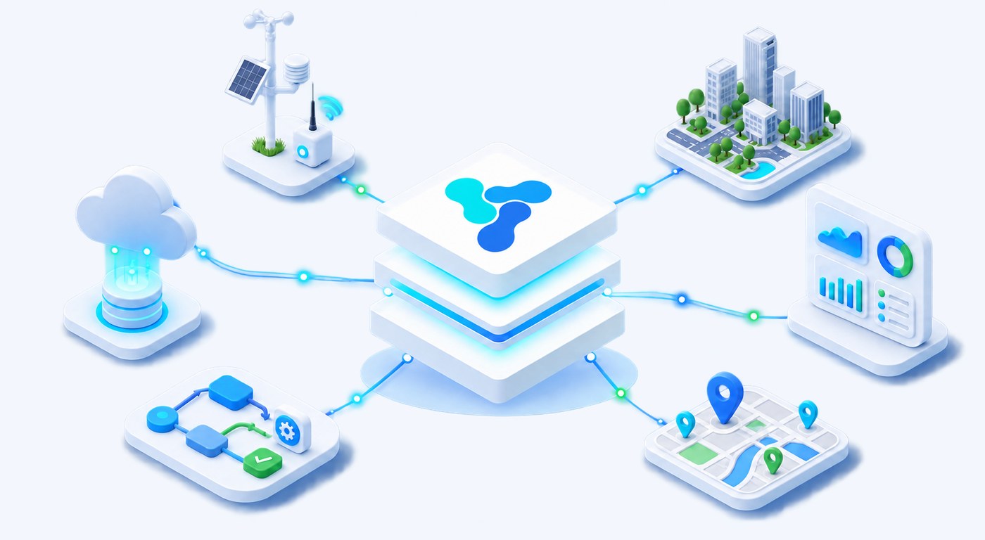 Vision Smart Platform connecting field sensors, a city block, dashboards, a map and automation workflows