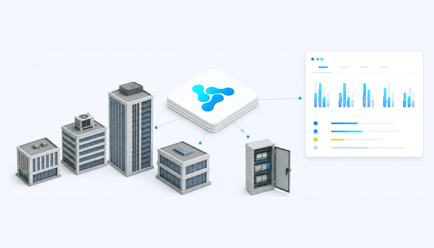 A portfolio of buildings with a rooftop HVAC unit and an electrical cabinet connected to the Vision Smart Platform core, with per-building energy charts