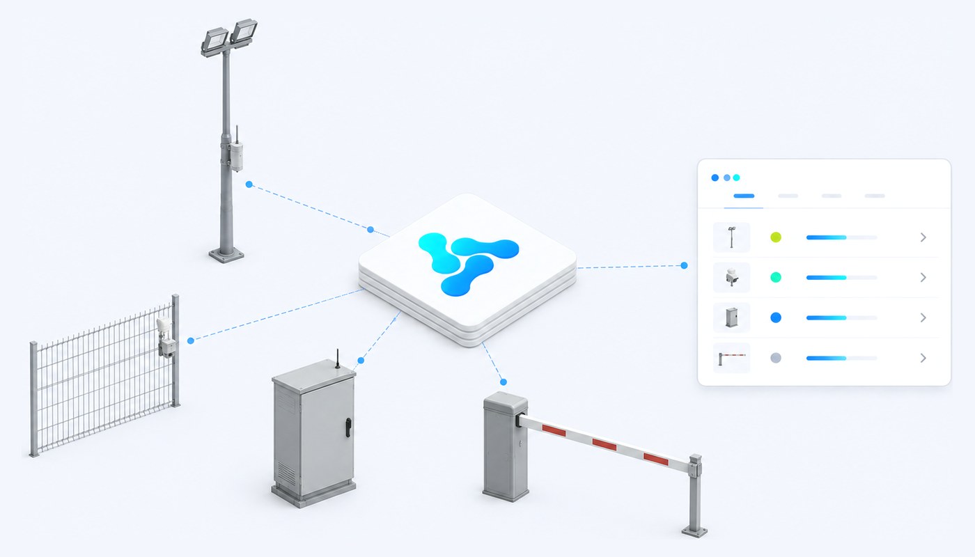 Site perimeter infrastructure: a lighting mast, a fence-mounted sensor, a technical cabinet and an access barrier connected to the Vision Smart Platform core, with an equipment state list