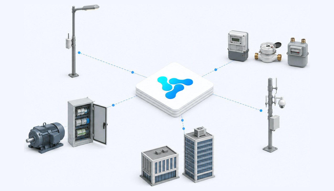 Street furniture, meters, industrial equipment, buildings and a site mast connected to the Vision Smart Platform core, one foundation across sectors