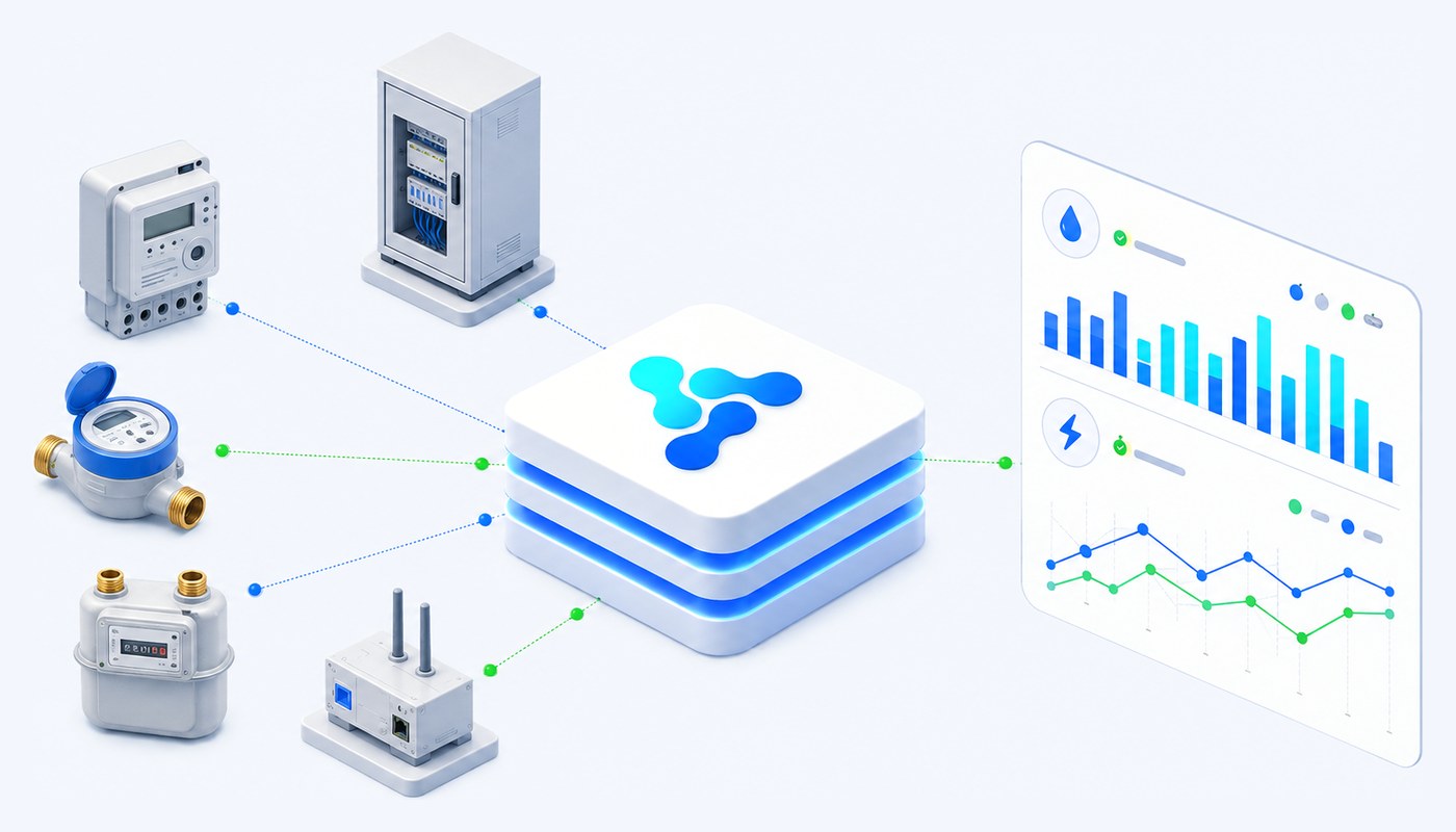 Electricity, water and gas meters with a concentrator and a network cabinet connected to the Vision Smart Platform core, with consumption charts