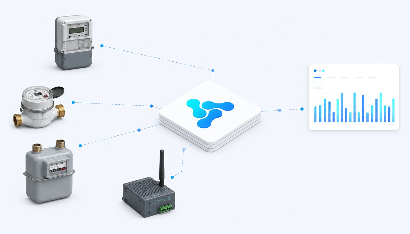 Electricity, water and gas meters with a data concentrator connected to the Vision Smart Platform core, with a consumption bar chart