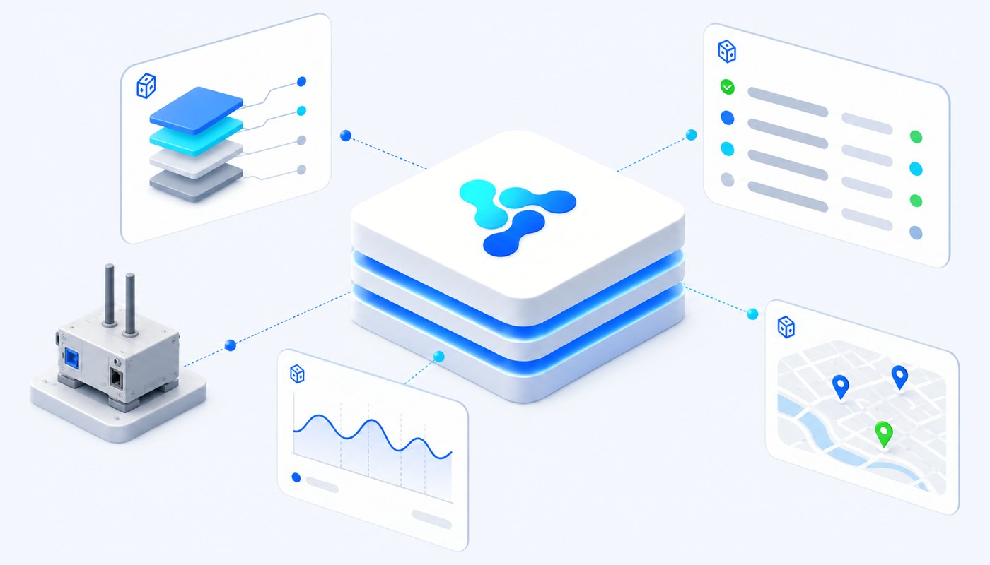 An environmental sensor and four interface panels around the Vision Smart Platform core: a layered architecture diagram, a metric list, a time-series chart and a map fragment