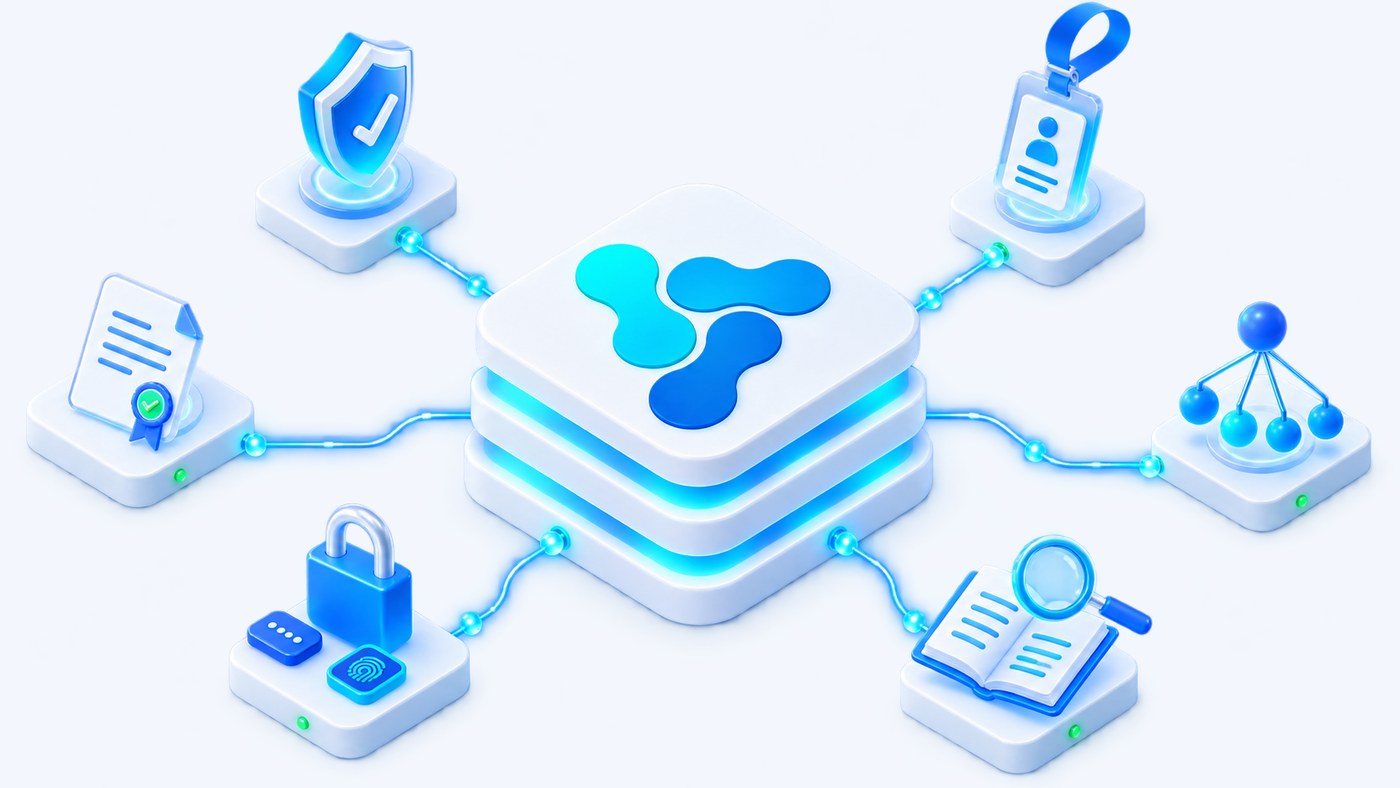 Vision Smart Platform security and audit: role shield, identity badge, organization tree, certificate, two-step sign-in and an audit ledger