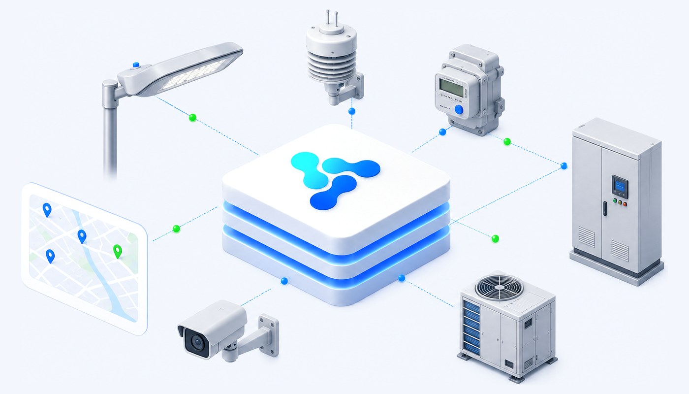 Vision Smart Platform solutions: street lighting, environmental sensing, metering, control cabinets, HVAC and video connected around the platform core