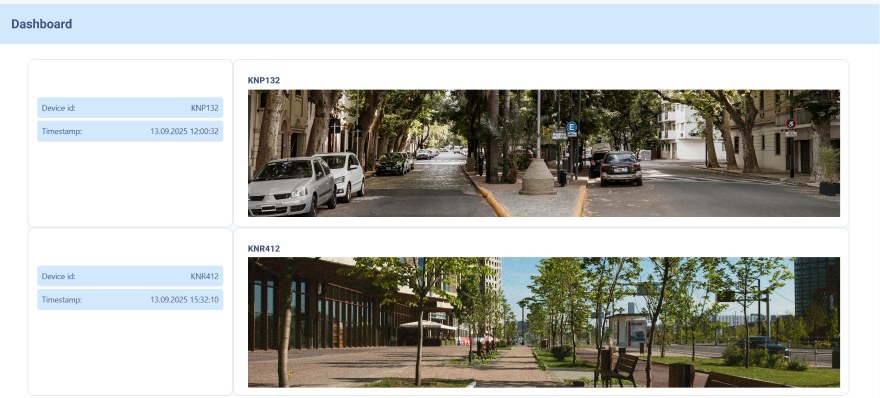 Vision Smart Platform video dashboard: two street camera feeds with device identifiers and event timestamps
